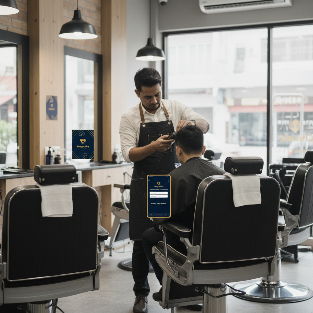 Ilustrasi Barbershop menggunakan TempahKu untuk pengurusan booking